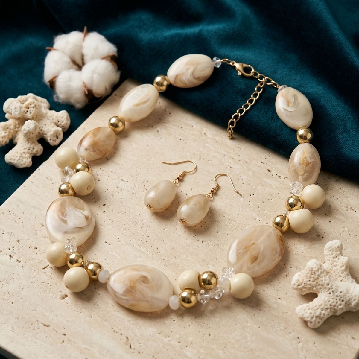 Creamy Ivory Marbled Oval Bead Collar Necklace