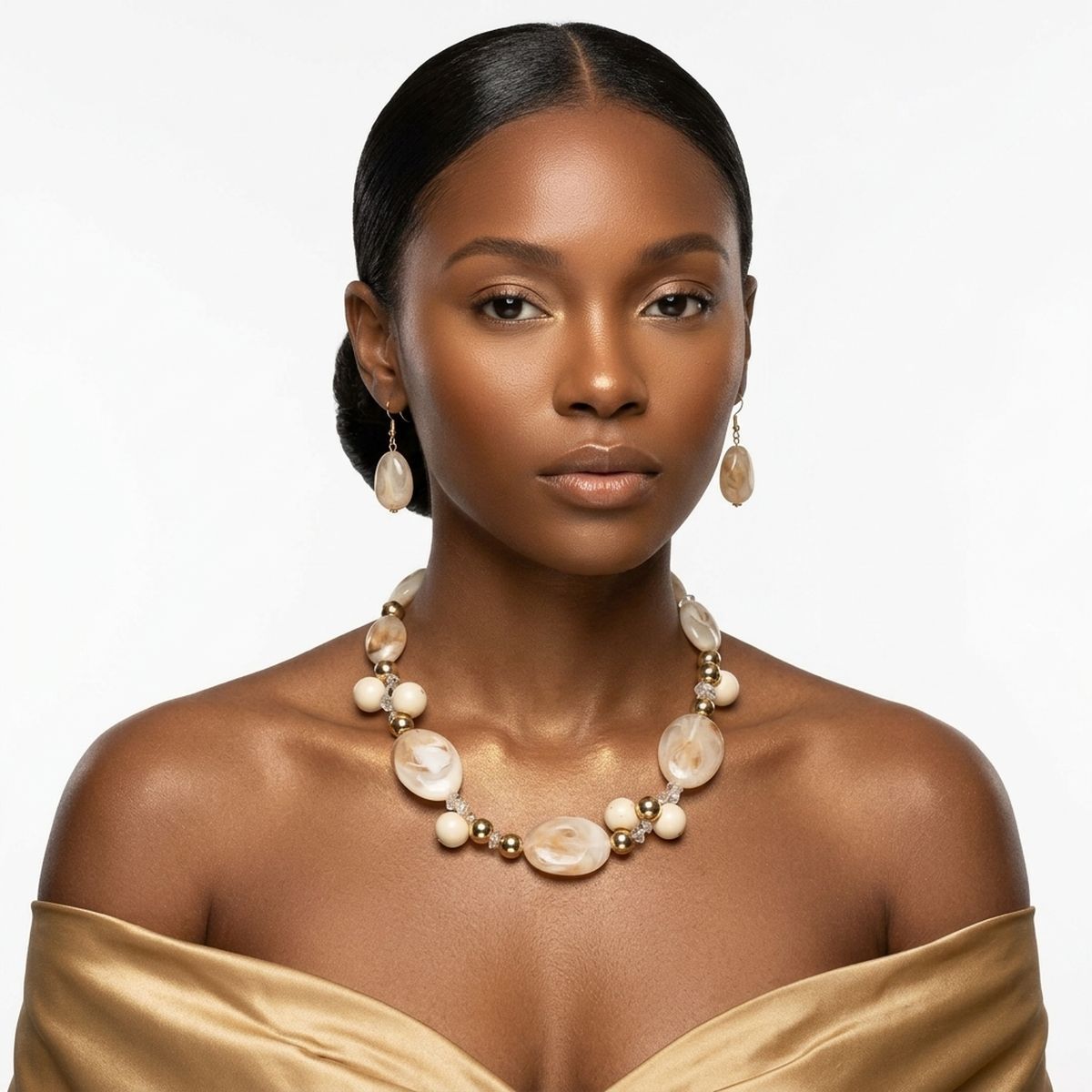 Creamy Ivory Marbled Oval Bead Collar Necklace