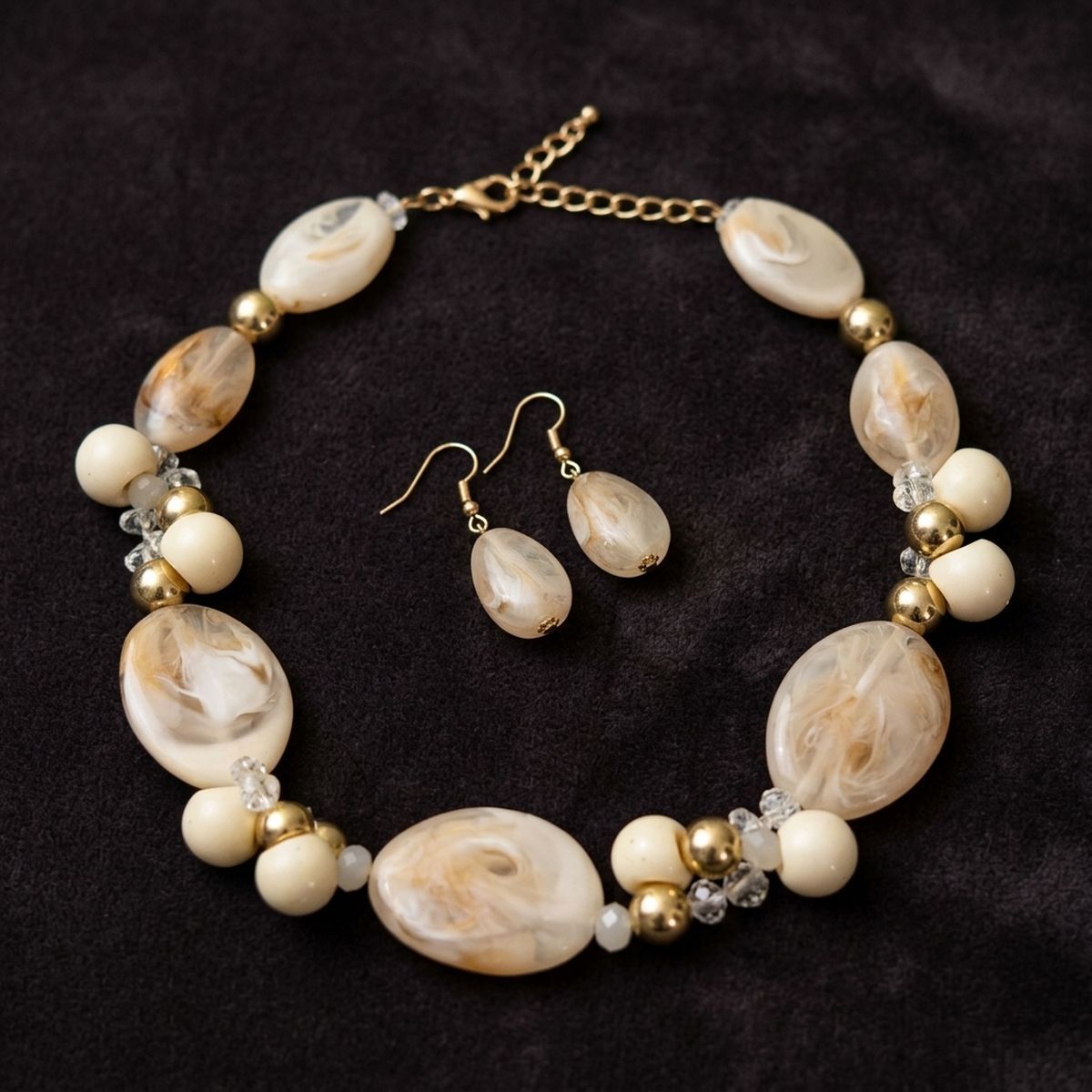 Creamy Ivory Marbled Oval Bead Collar Necklace