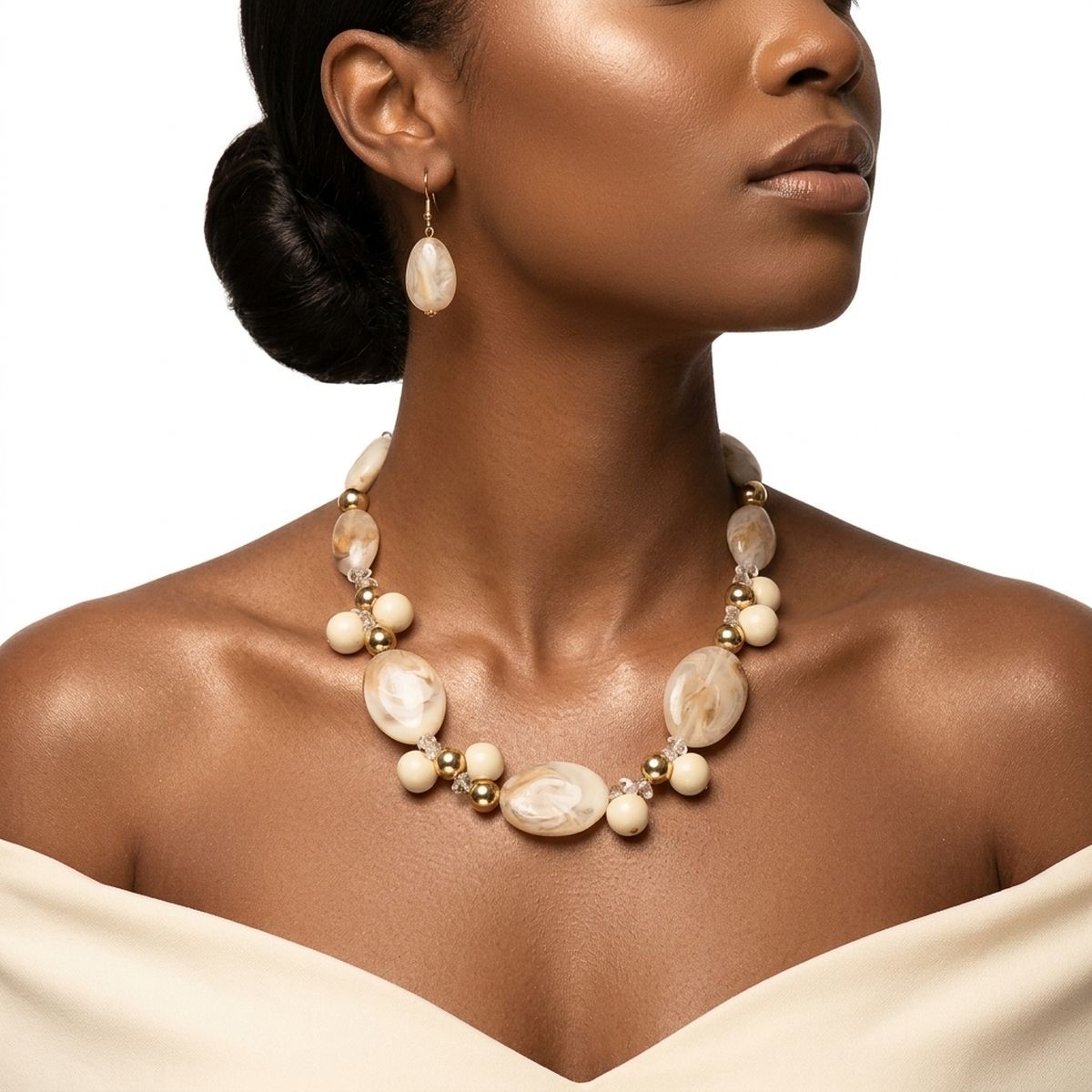 Creamy Ivory Marbled Oval Bead Collar Necklace