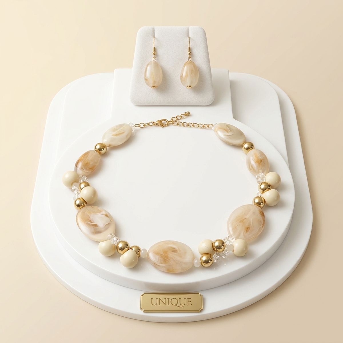 Creamy Ivory Marbled Oval Bead Collar Necklace