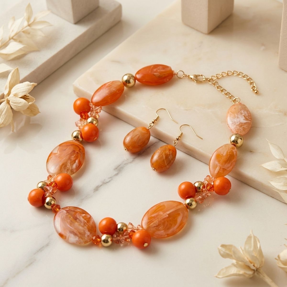 Rustic Orange Marbled Oval Bead Collar Necklace