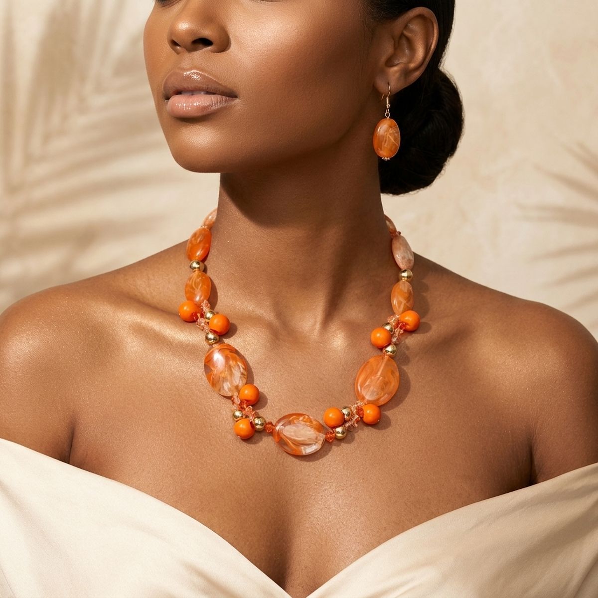 Rustic Orange Marbled Oval Bead Collar Necklace