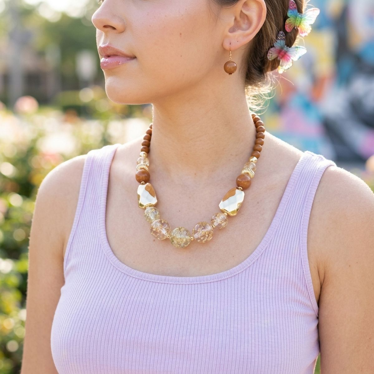 Earthy Brown Gold Flake Marble Beaded Necklace