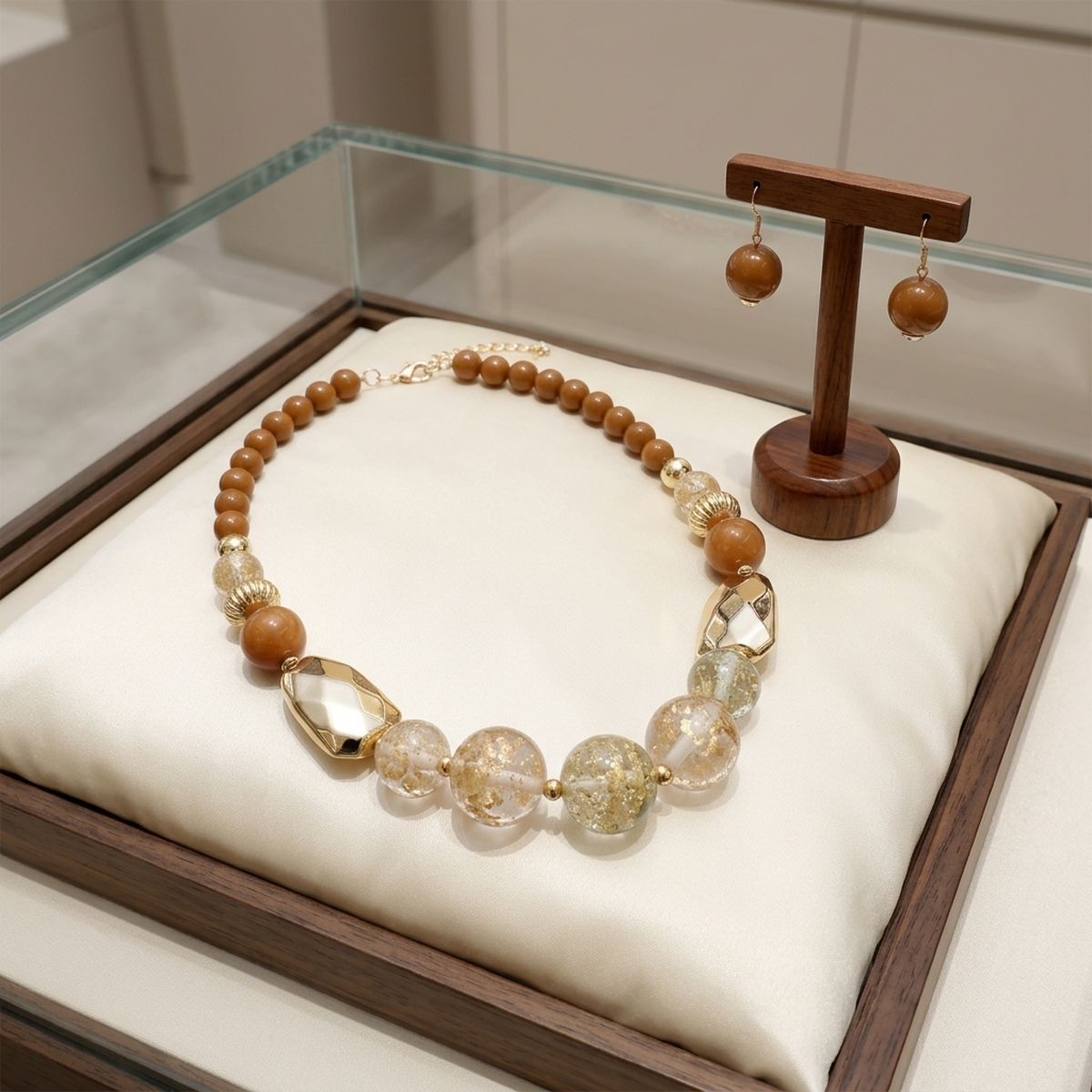 Earthy Brown Gold Flake Marble Beaded Necklace