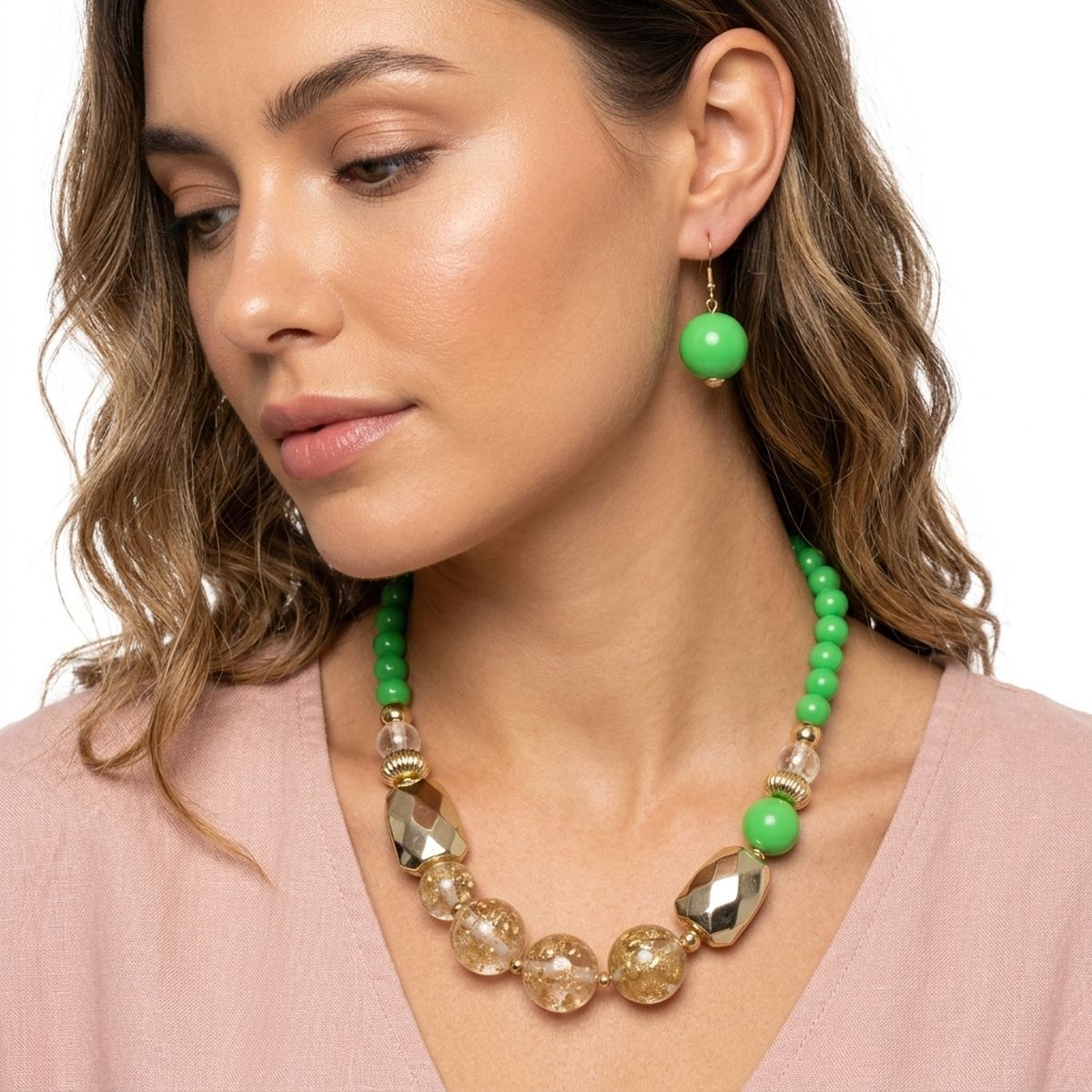 Bright Green Gold Flake Marble Beaded Necklace