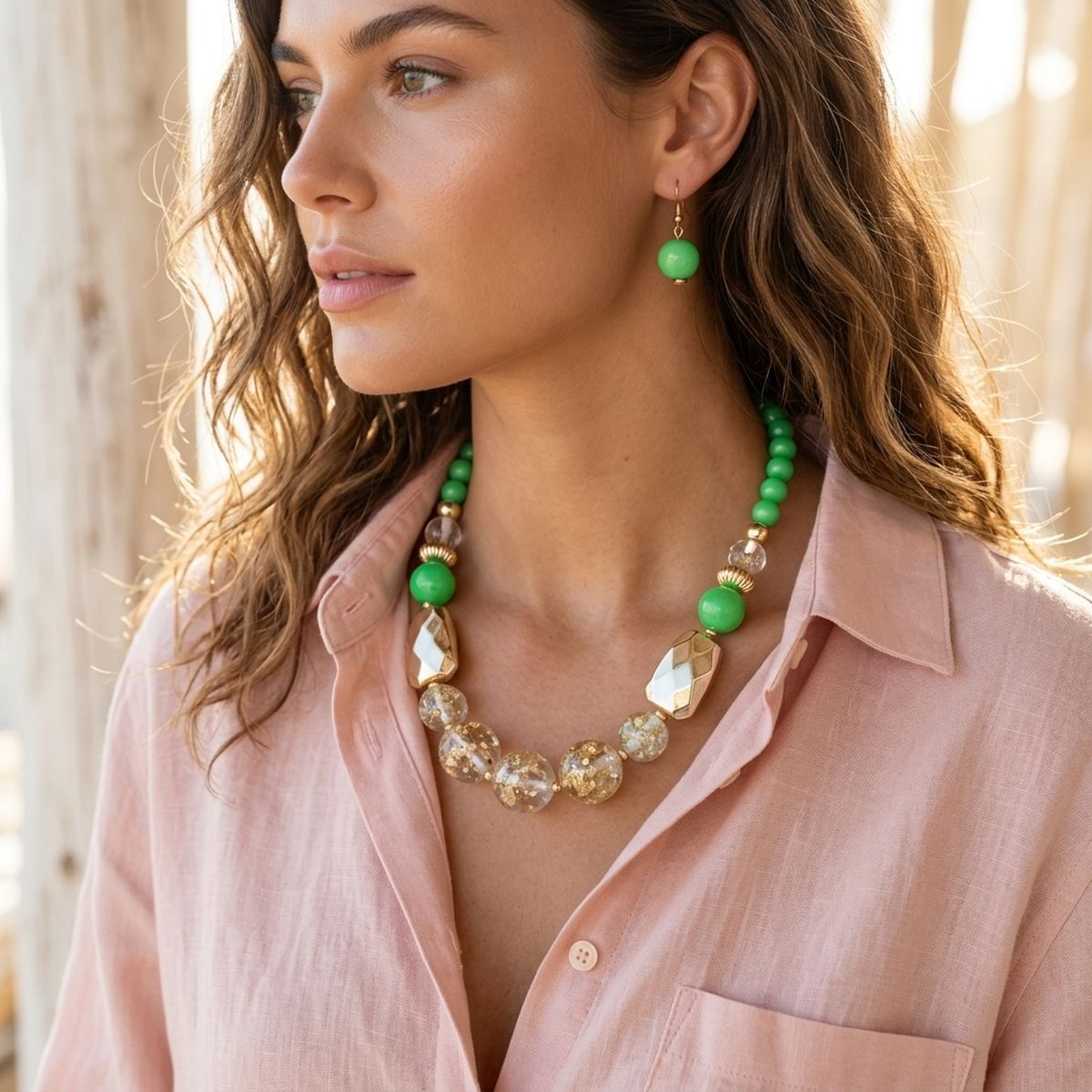 Bright Green Gold Flake Marble Beaded Necklace