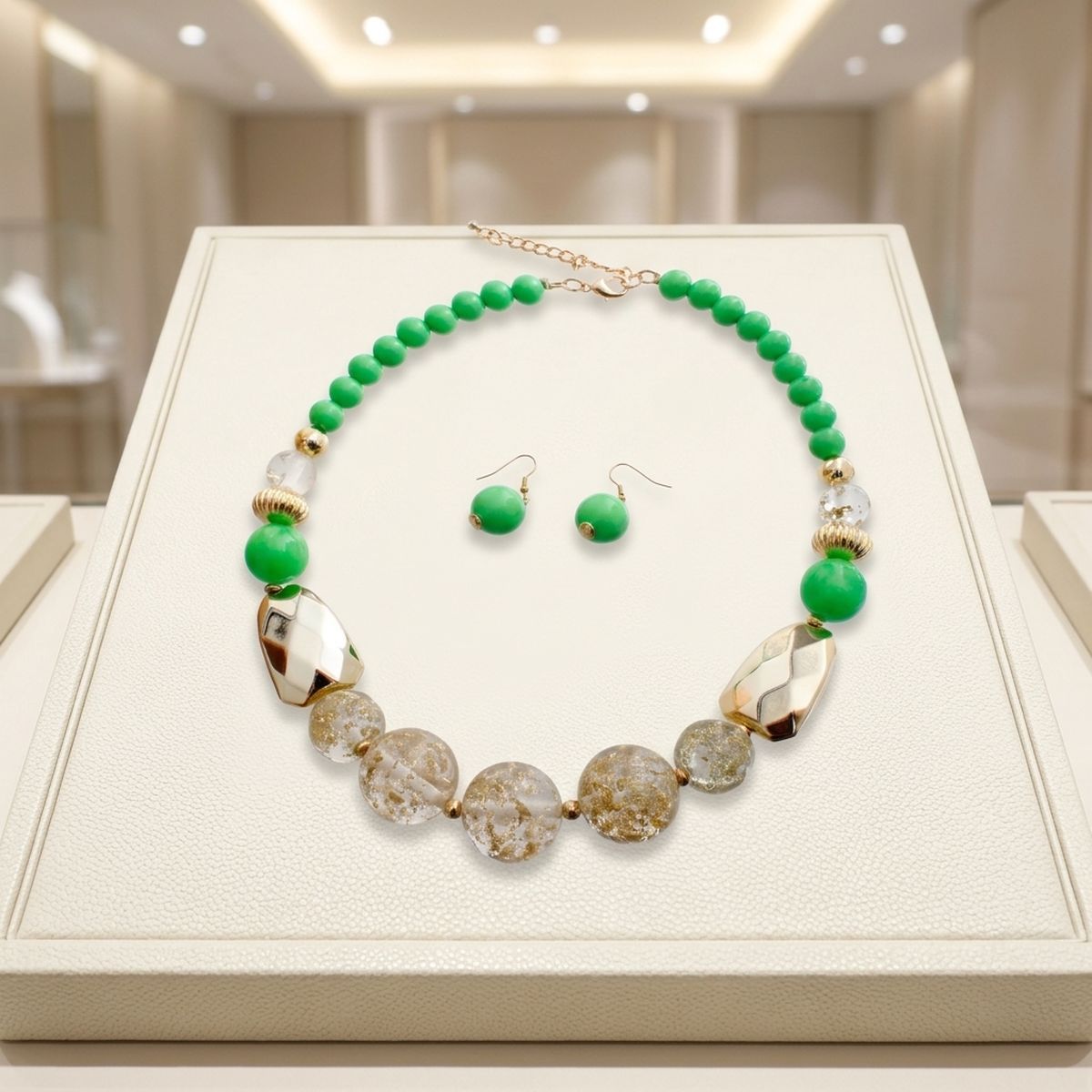 Bright Green Gold Flake Marble Beaded Necklace