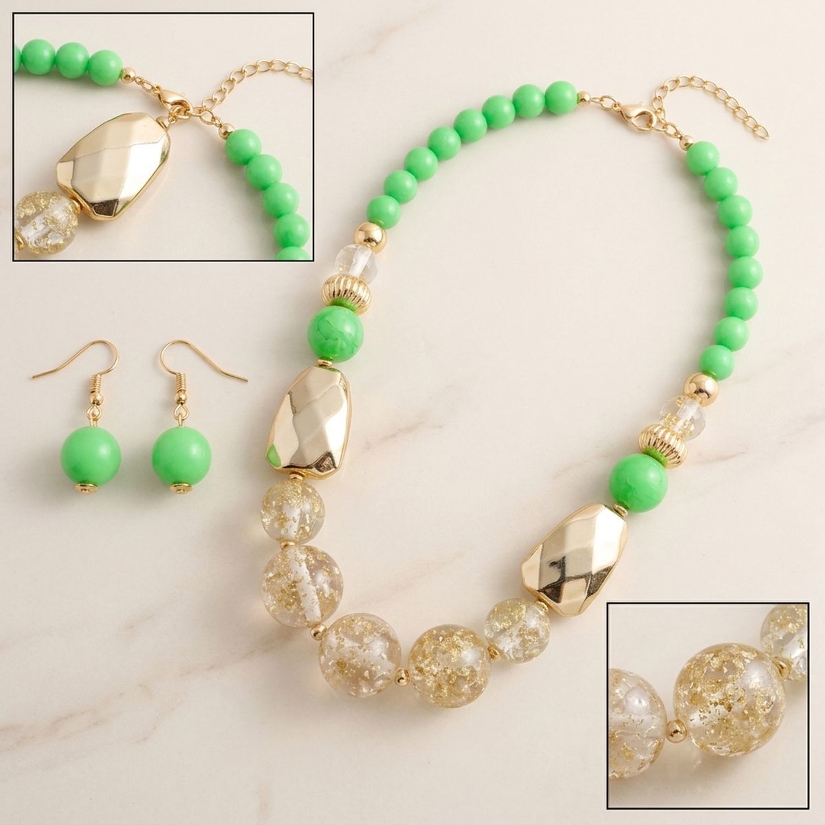 Bright Green Gold Flake Marble Beaded Necklace