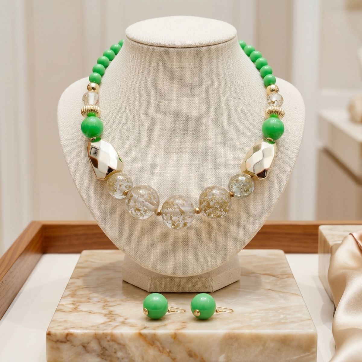 Bright Green Gold Flake Marble Beaded Necklace