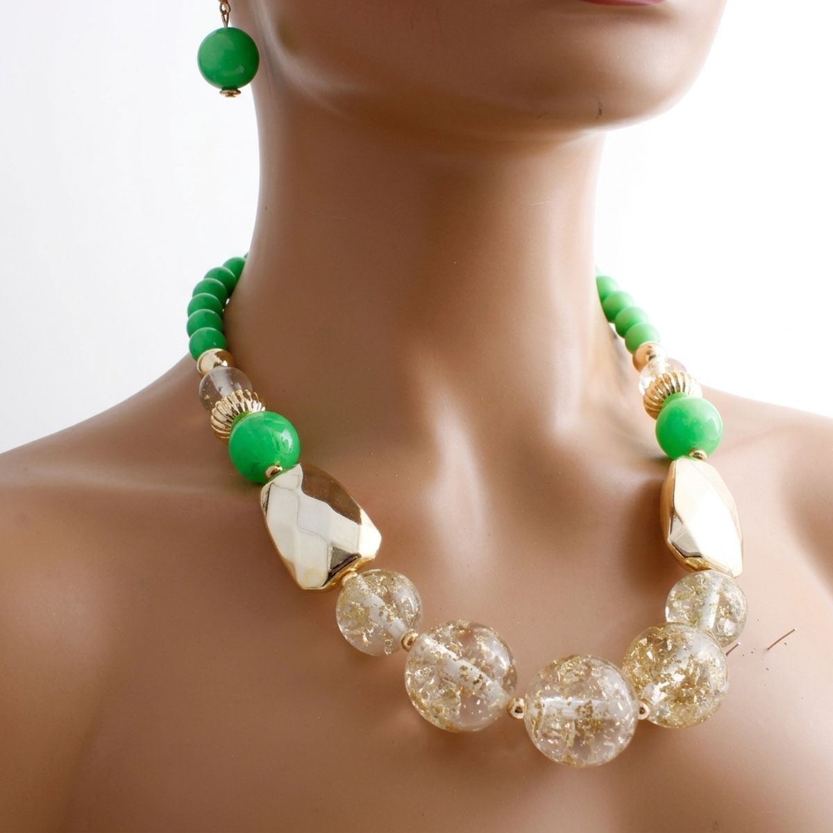 Bright Green Gold Flake Marble Beaded Necklace
