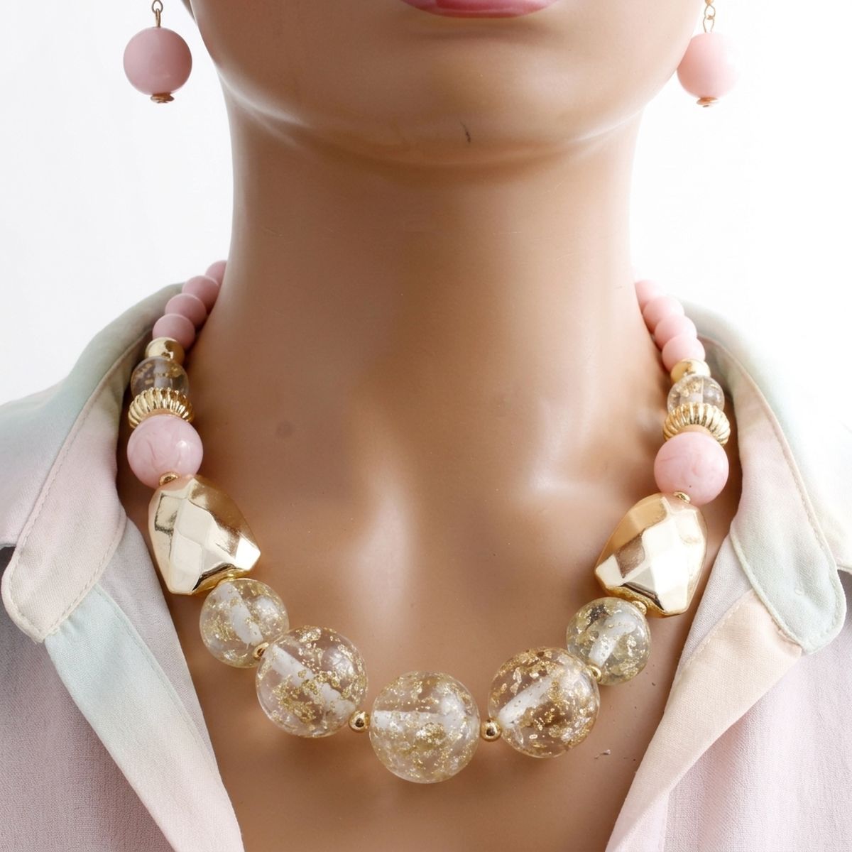 Blush Pink Gold Flake Marble Beaded Necklace