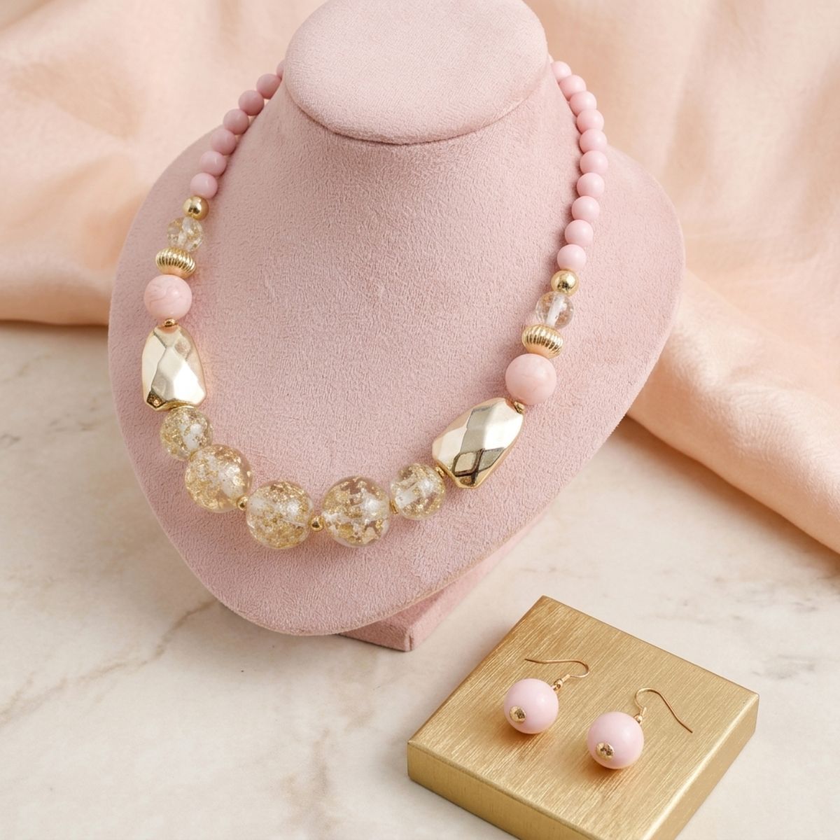 Blush Pink Gold Flake Marble Beaded Necklace