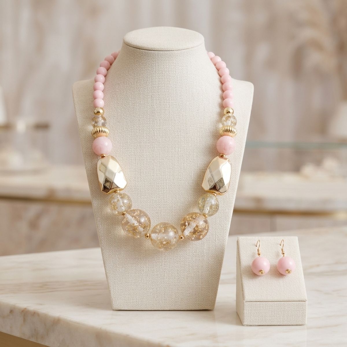 Blush Pink Gold Flake Marble Beaded Necklace