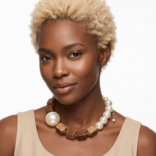 Chunky Wooden Cube & Jumbo Pearl Necklace