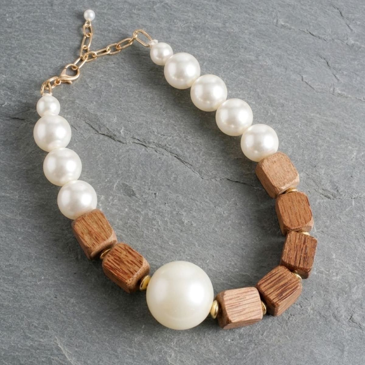 Chunky Wooden Cube & Jumbo Pearl Necklace