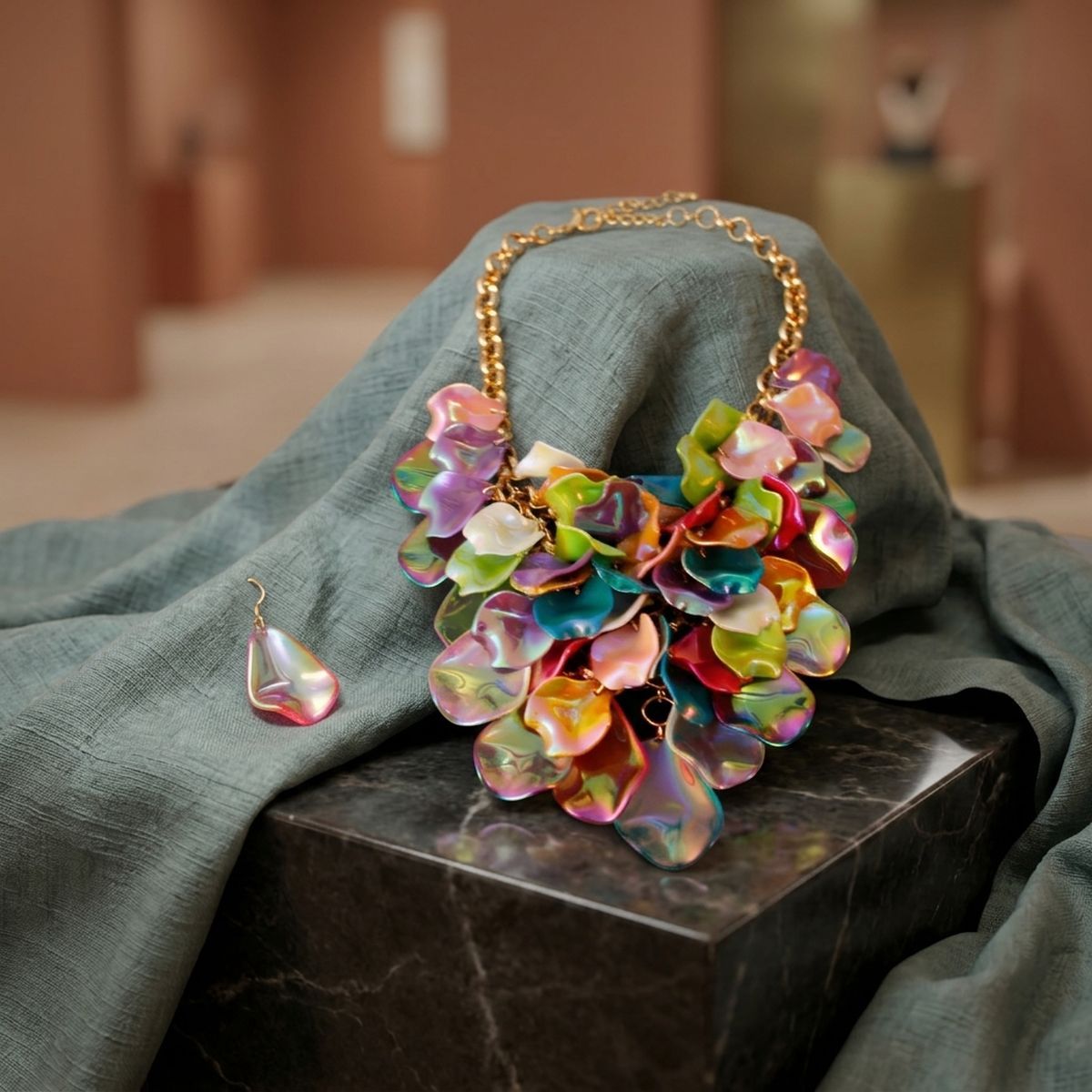 Colorful Iridescent Petal Cascade Bib Necklace