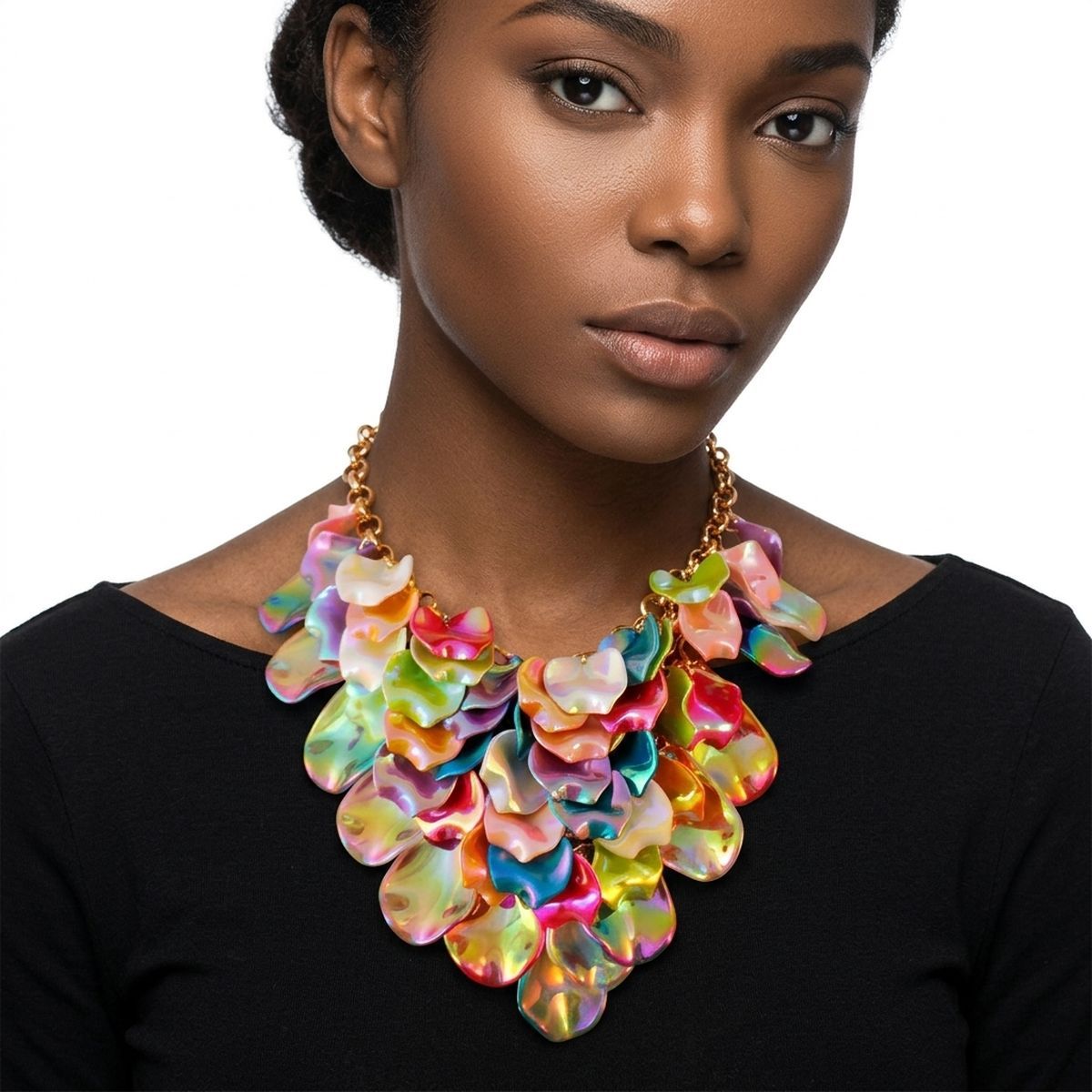 Colorful Iridescent Petal Cascade Bib Necklace