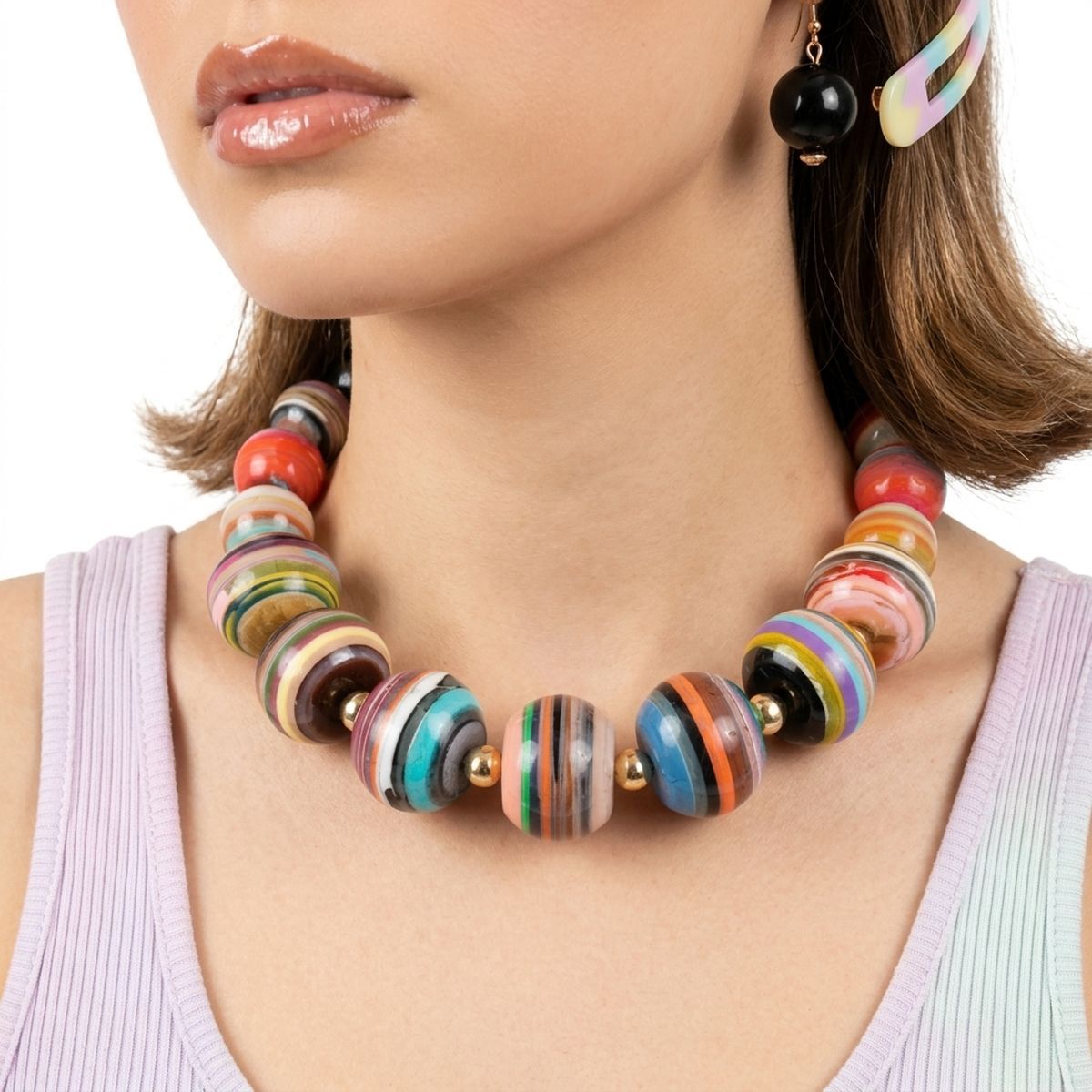 Multicolor Striped Resin Chunky Beaded Necklace