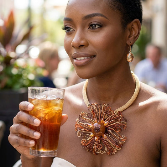 Brown Wire Beaded Sunburst XL Pendant Necklace
