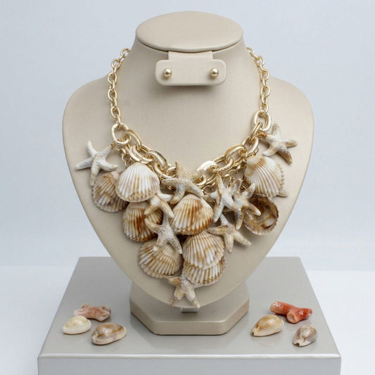 Shell and Starfish Bib Seaside Drop Gold Necklace