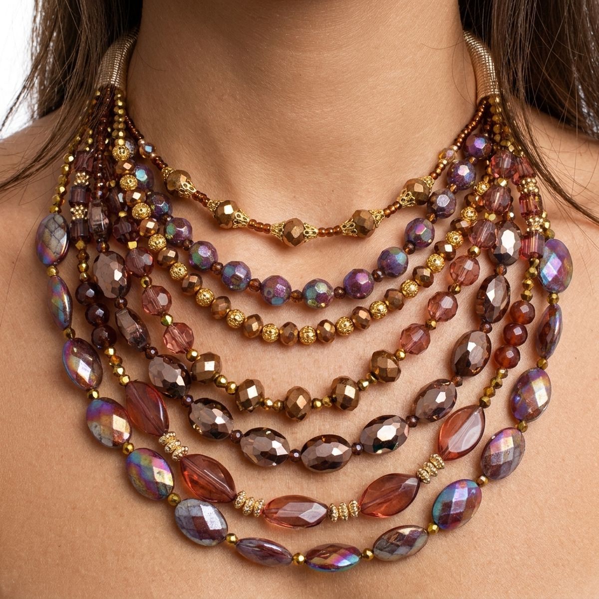 Layered Brown Crystal Beads & Gold Coil Necklace