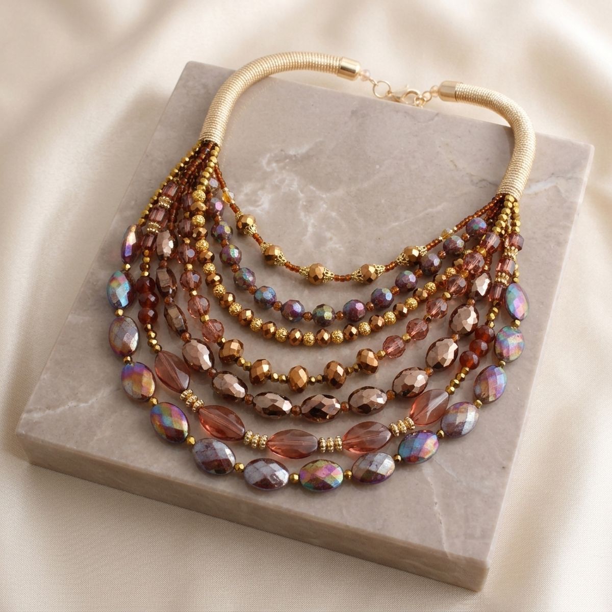Layered Brown Crystal Beads & Gold Coil Necklace