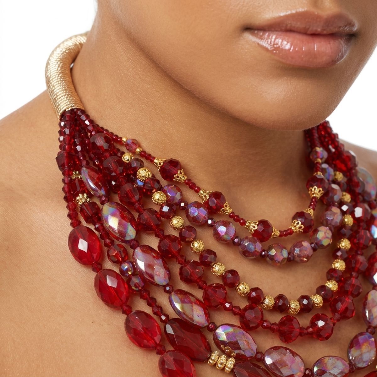Layered Red Crystal Beads & Gold Coil Necklace