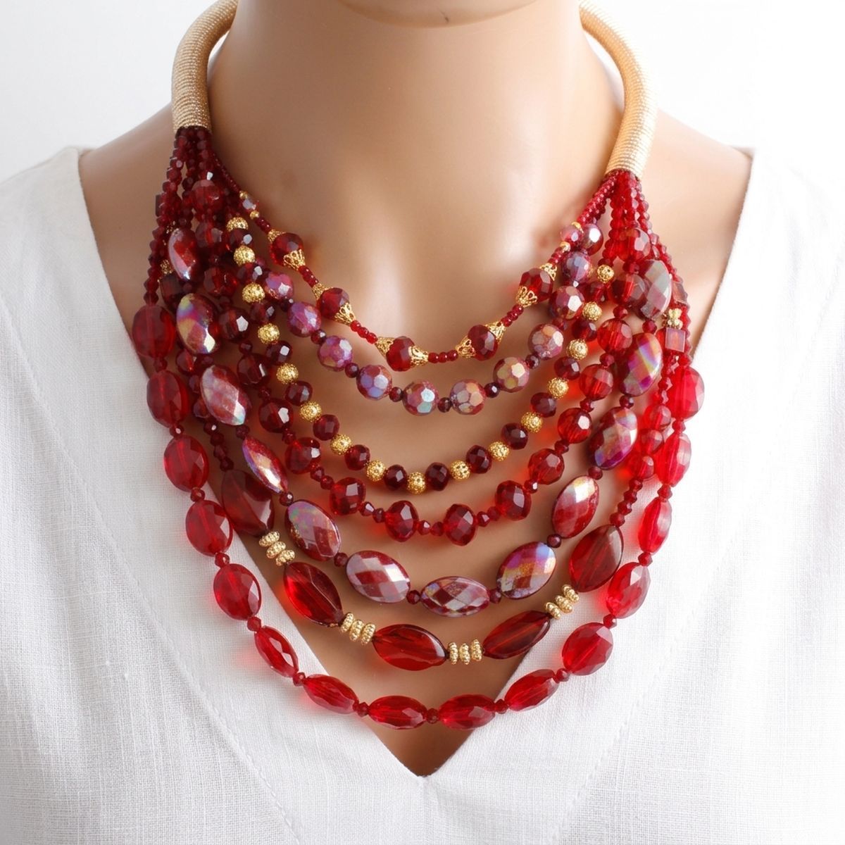 Layered Red Crystal Beads & Gold Coil Necklace