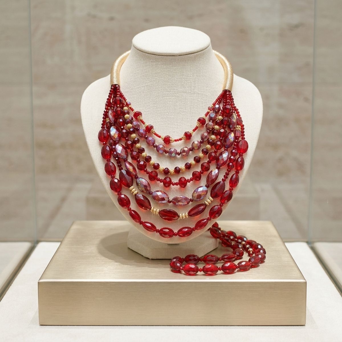 Layered Red Crystal Beads & Gold Coil Necklace