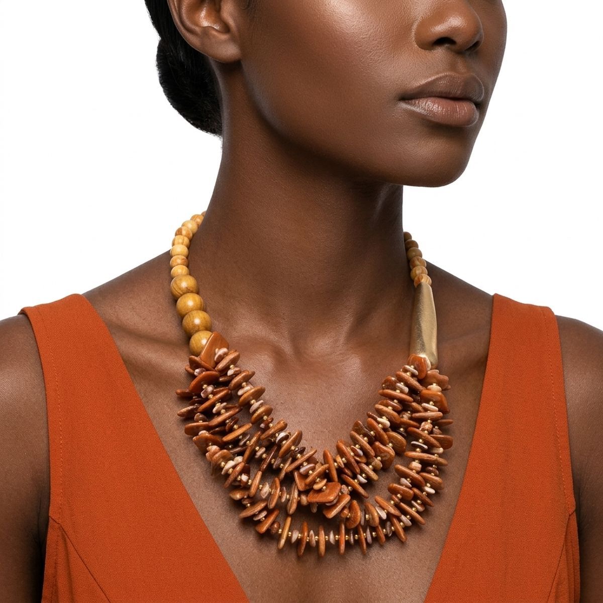 Tribal Brown Disc & Wood Chunky Bib Necklace