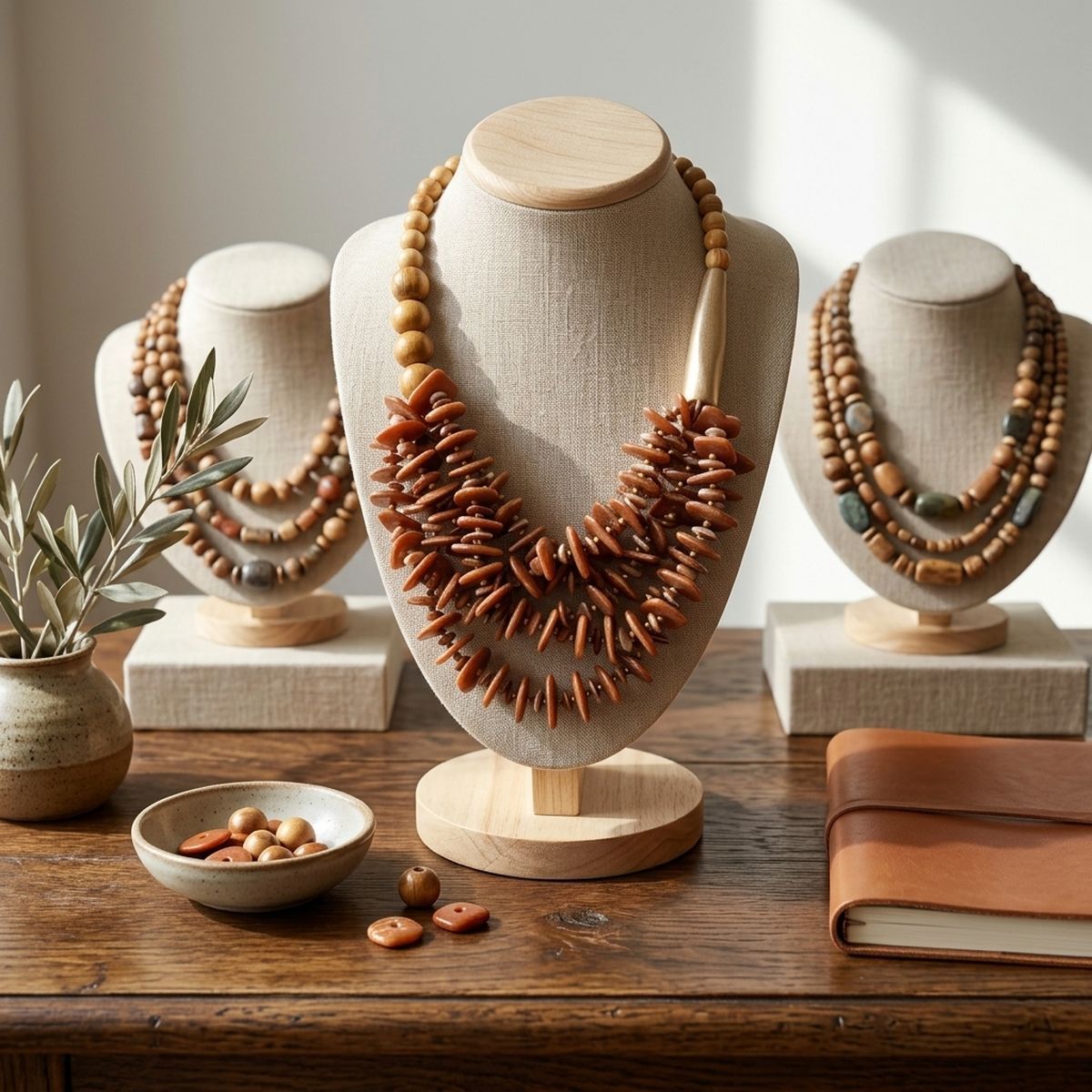 Tribal Brown Disc & Wood Chunky Bib Necklace