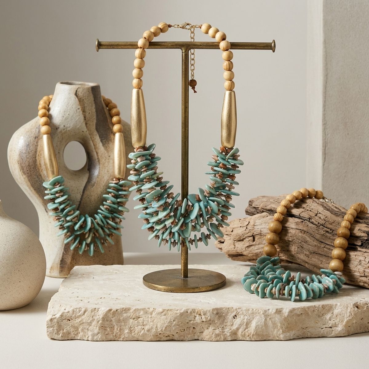 Tribal Turquoise Disc & Wood Chunky Bib Necklace