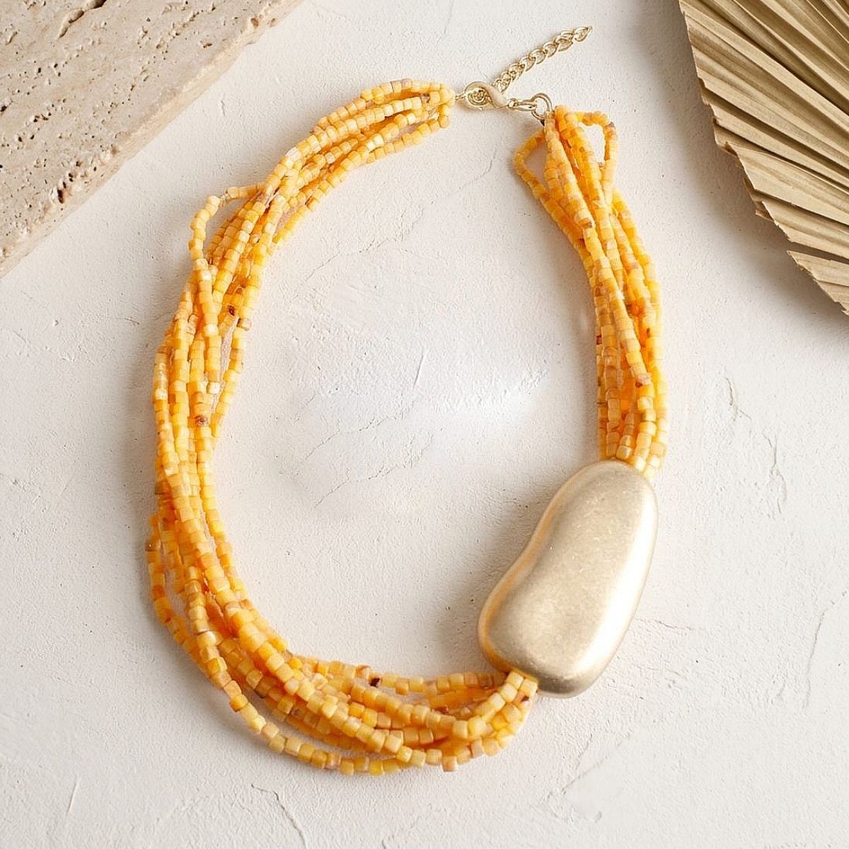 Tribal Mustard Yellow Cube Bead 9 Strand Necklace