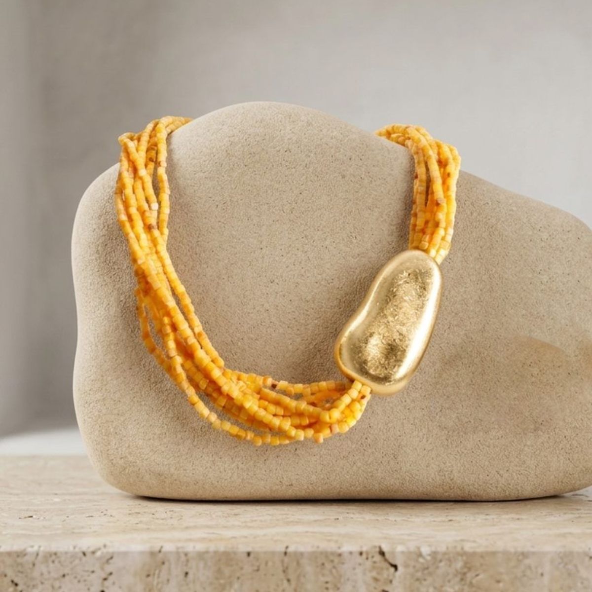 Tribal Mustard Yellow Cube Bead 9 Strand Necklace