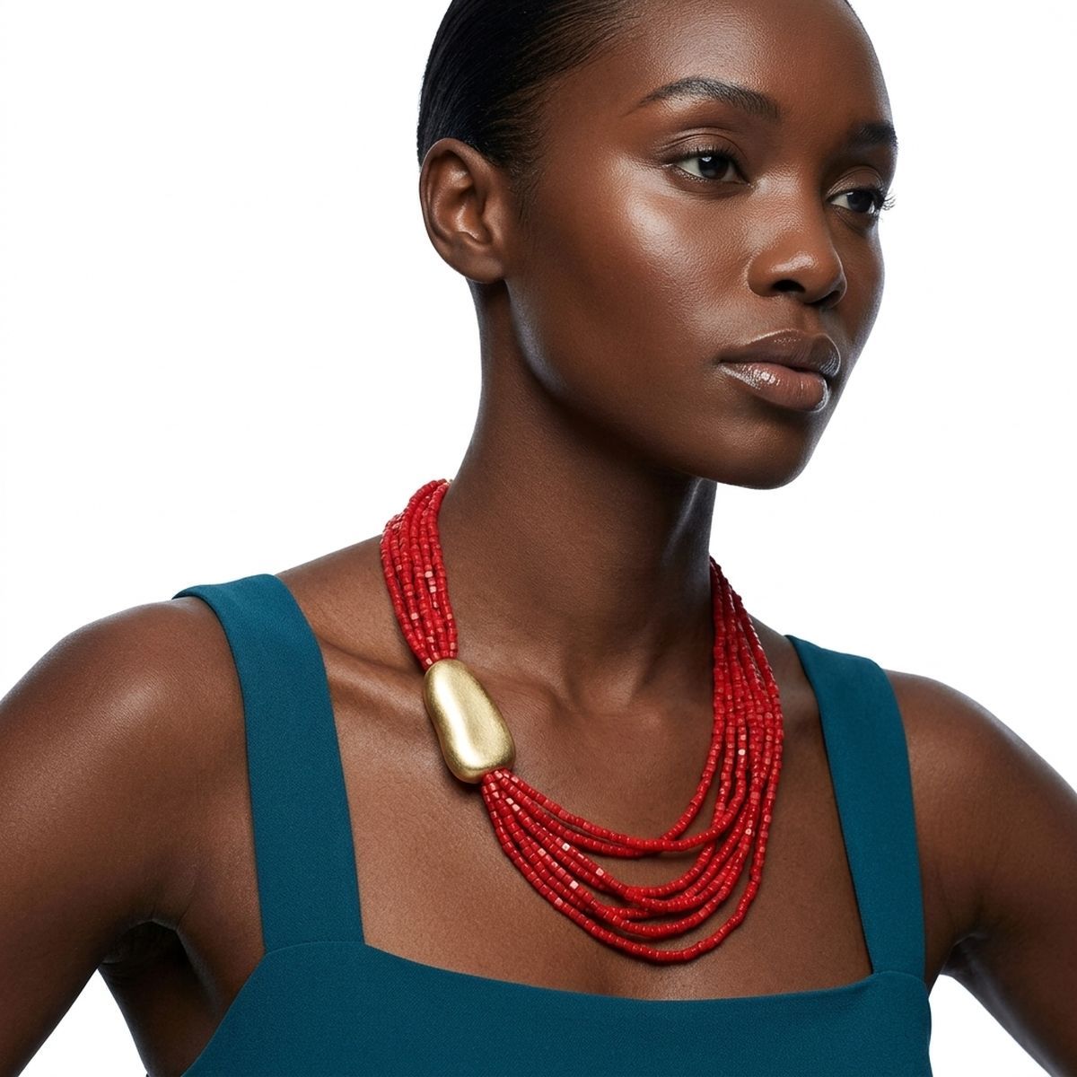 Tribal Coral Red Cube Bead 9 Strand Necklace