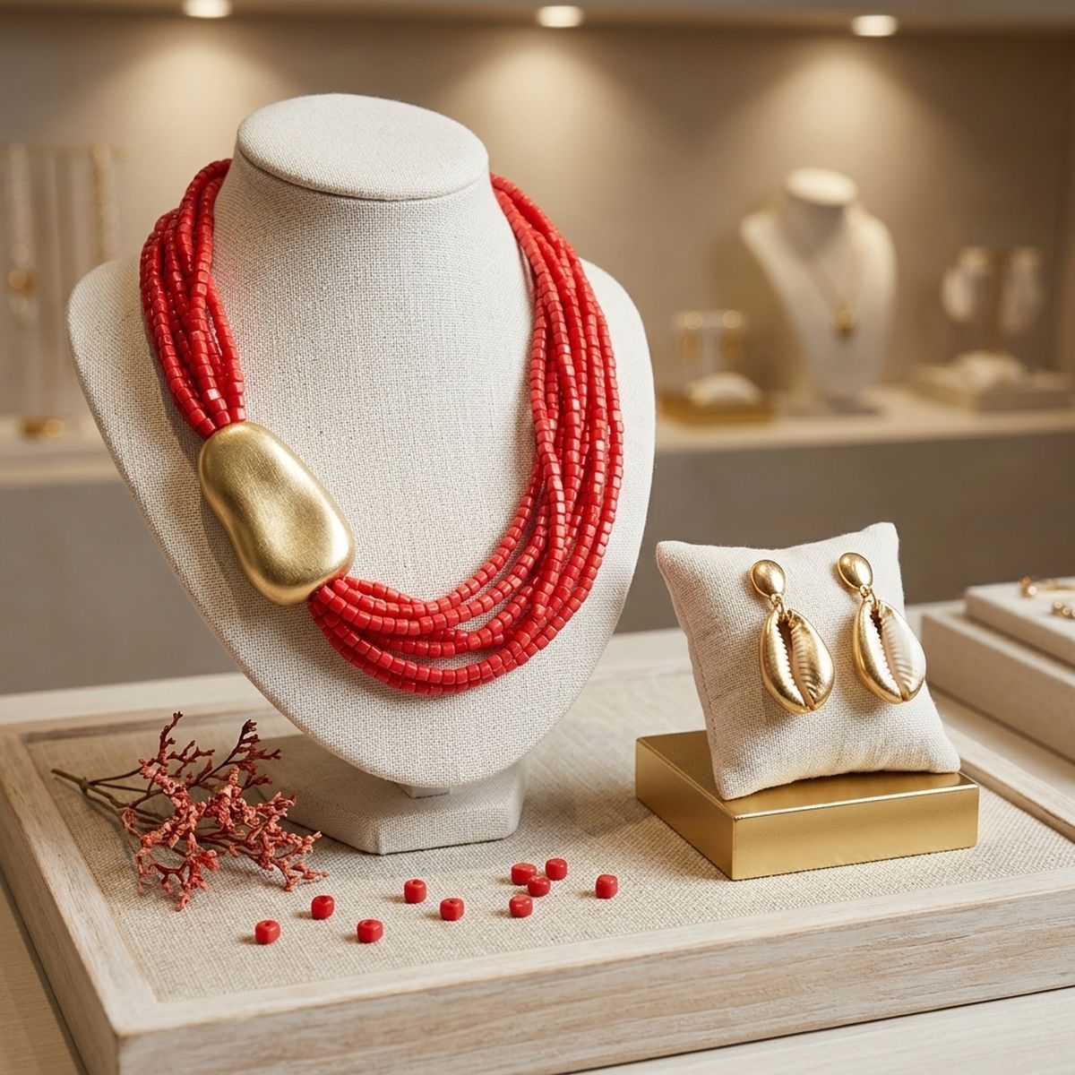 Tribal Coral Red Cube Bead 9 Strand Necklace