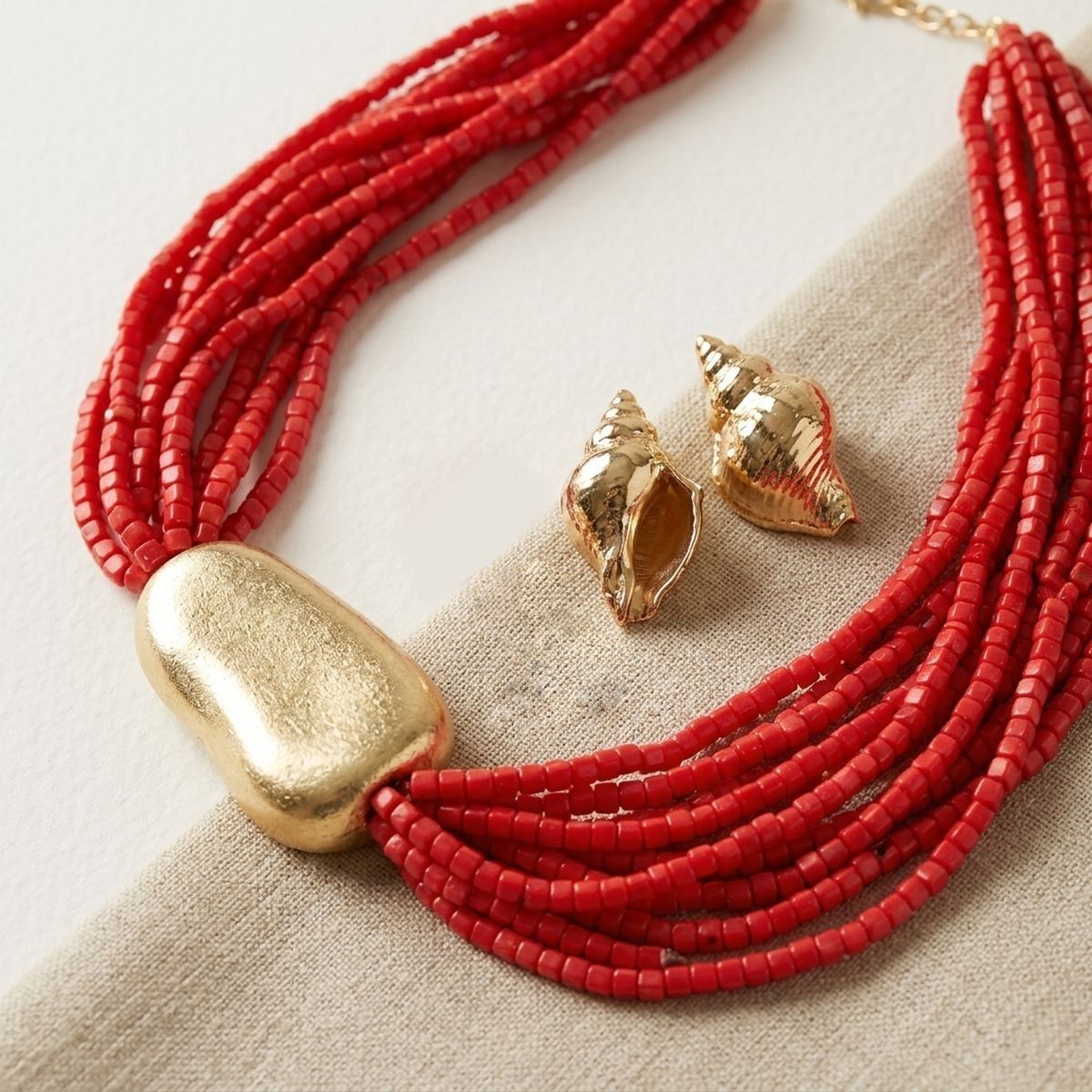 Tribal Coral Red Cube Bead 9 Strand Necklace