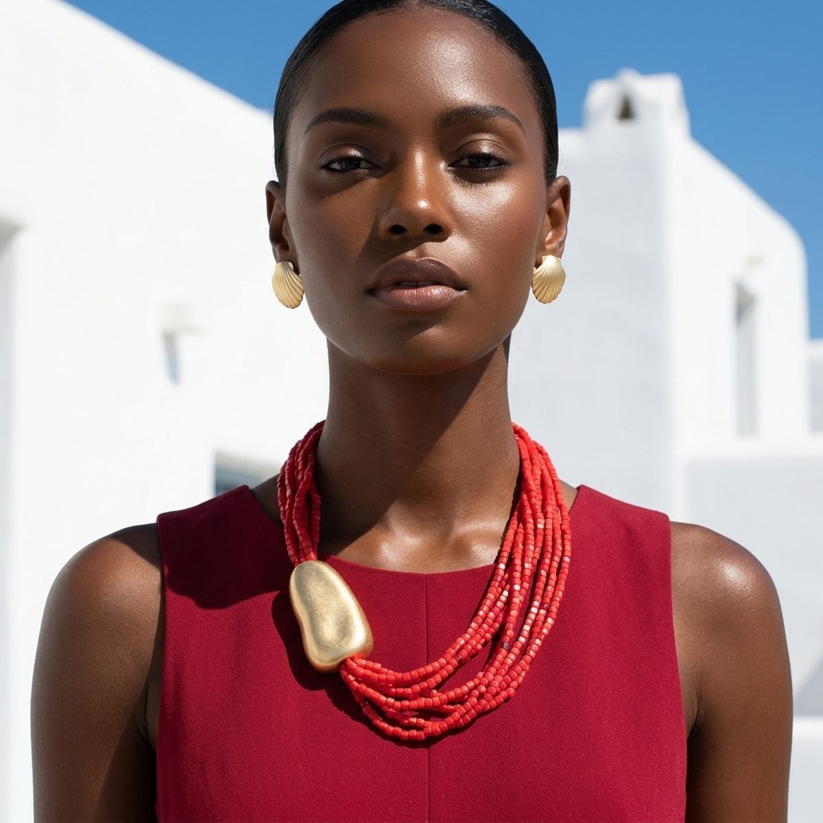 Tribal Coral Red Cube Bead 9 Strand Necklace