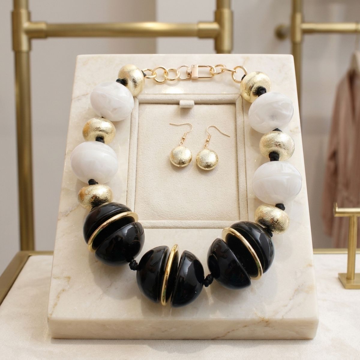 Onyx Black & White Marble Chunky Bead Necklace