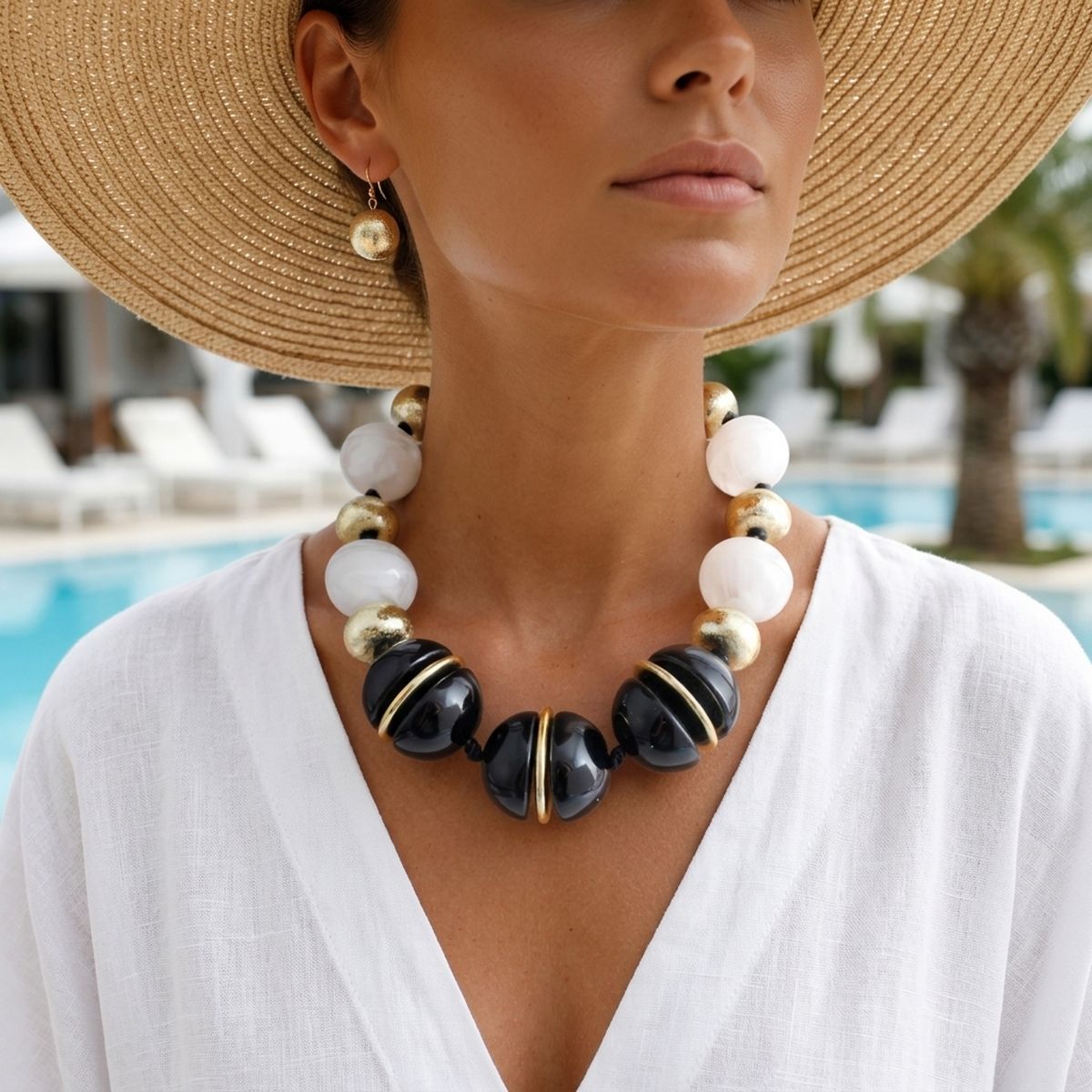 Onyx Black & White Marble Chunky Bead Necklace