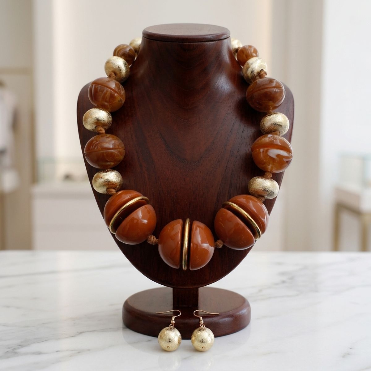 Swirled Caramel Brown Marble Chunky Bead Necklace