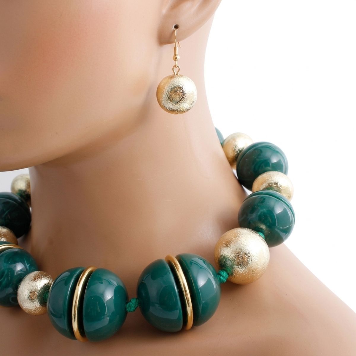 Emerald Green & Gold Marble Chunky Bead Necklace