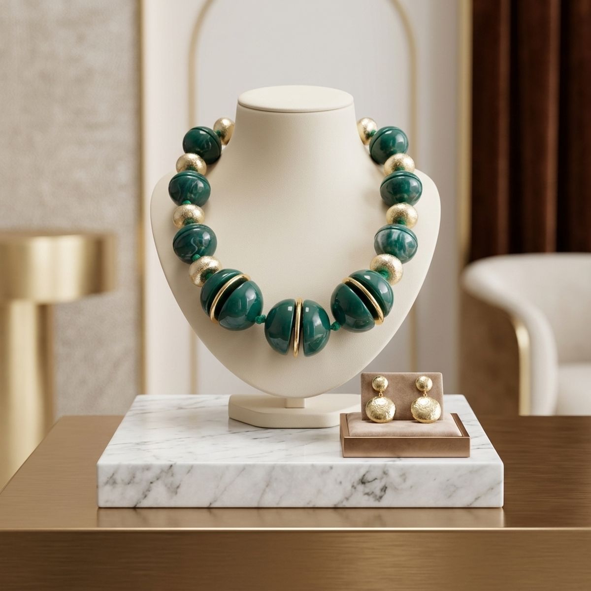 Emerald Green & Gold Marble Chunky Bead Necklace