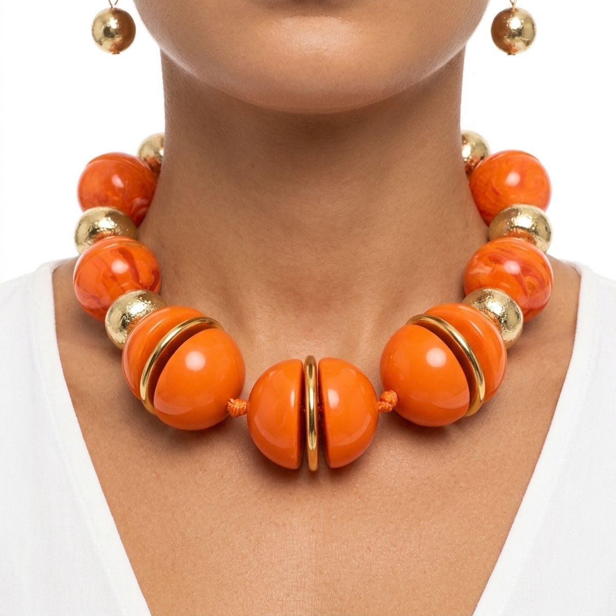 Orange & Gold Marble Chunky Bead Necklace