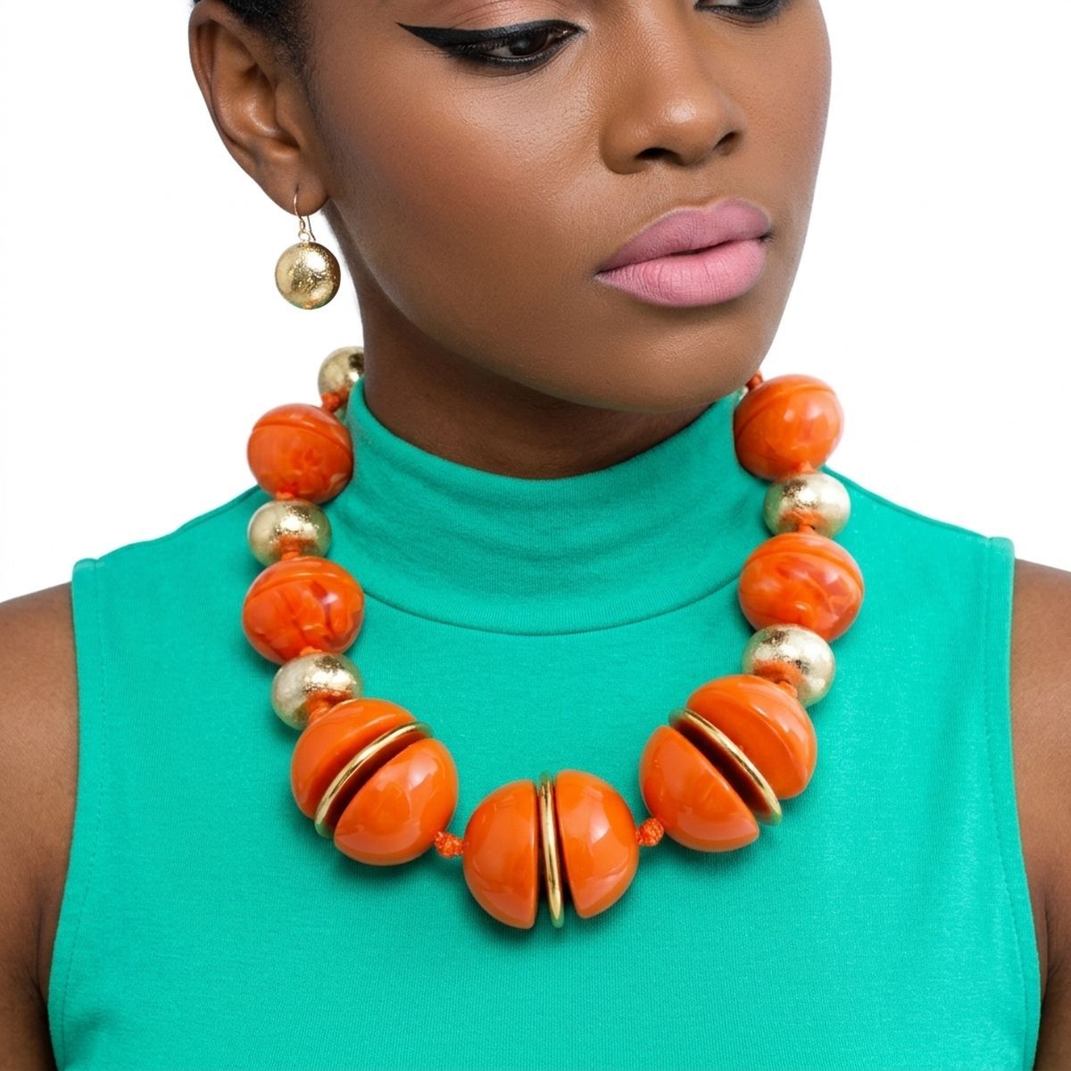 Orange & Gold Marble Chunky Bead Necklace