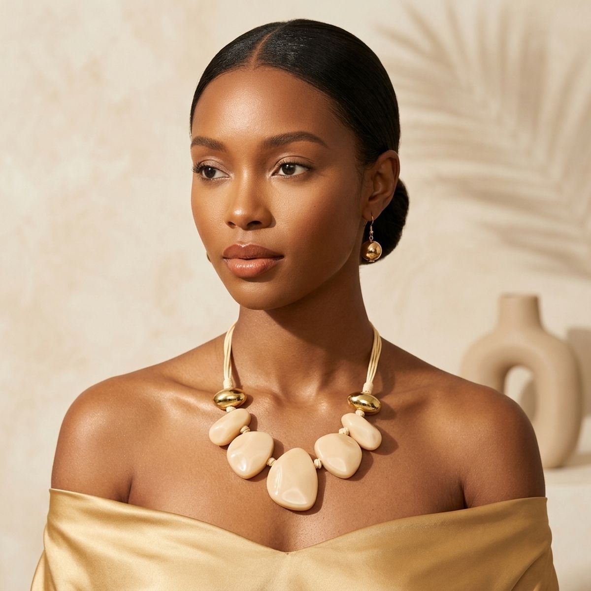 Ivory Resin Pebble & Cord Bib Collar Necklace Set