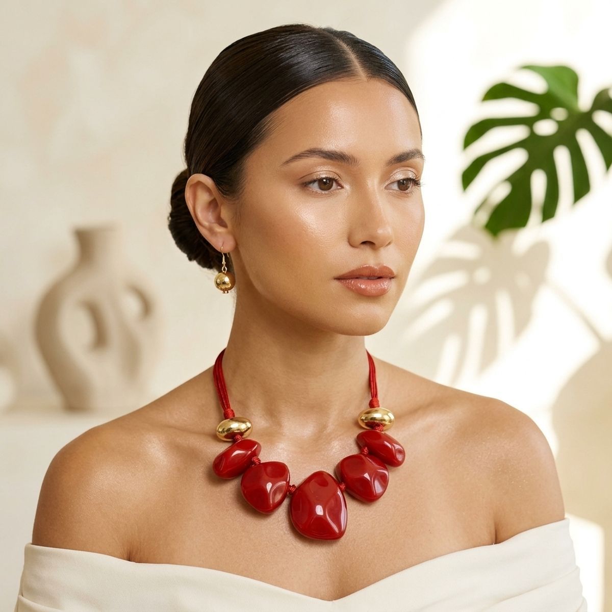 Red Resin Pebble & Cord Bib Collar Necklace Set