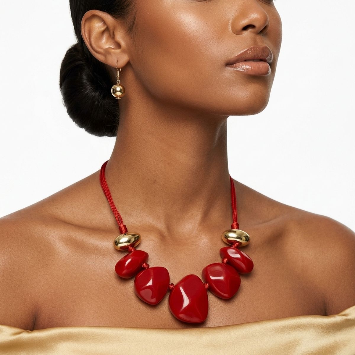 Red Resin Pebble & Cord Bib Collar Necklace Set