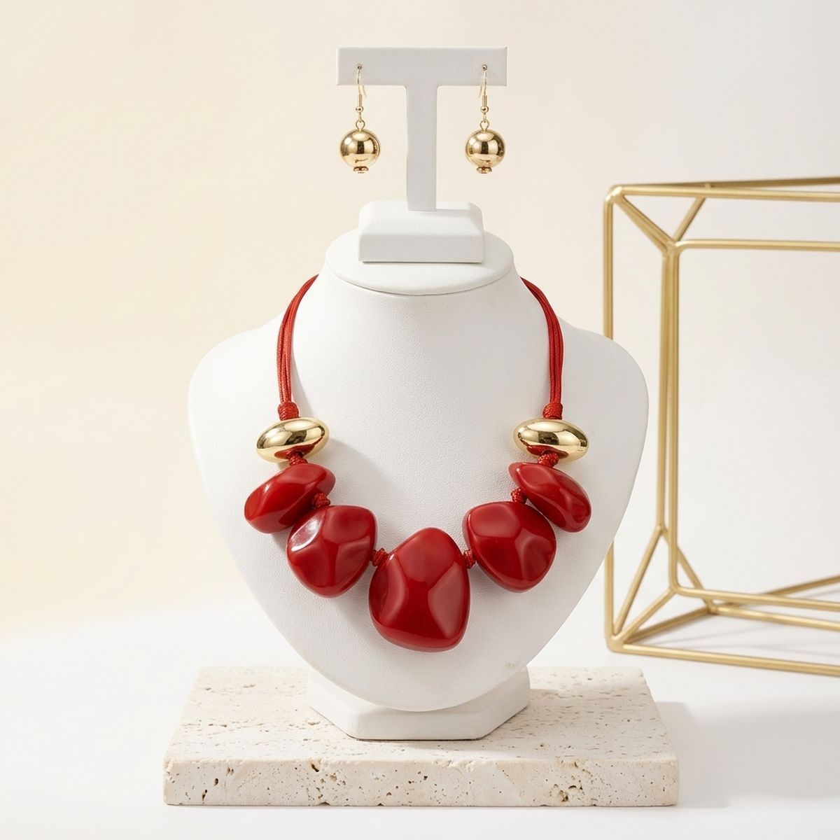 Red Resin Pebble & Cord Bib Collar Necklace Set